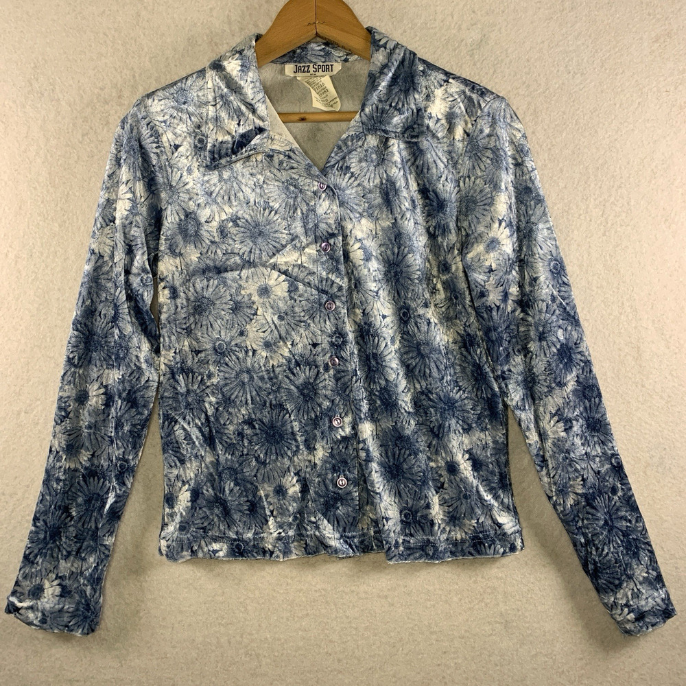 VTG 90s Womens Daisy Velvet Button Top Sz M Blue Indie Soft Grunge USA Made‎